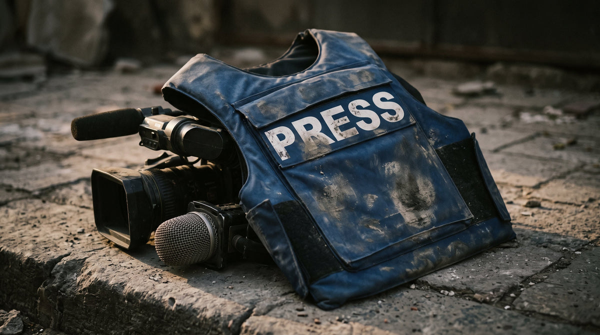 Protective blue press flak jacket and media helmet on field location documenting press violations