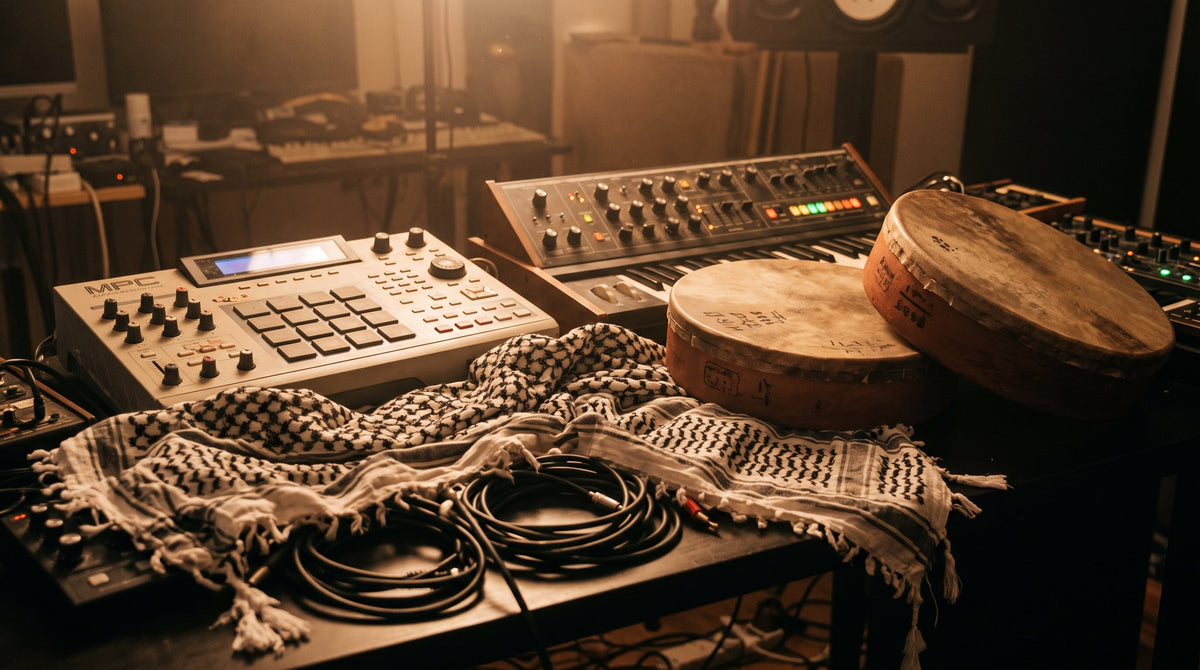 Studio audio mixing workstation with analog drum machine and traditional acoustic instrumentation