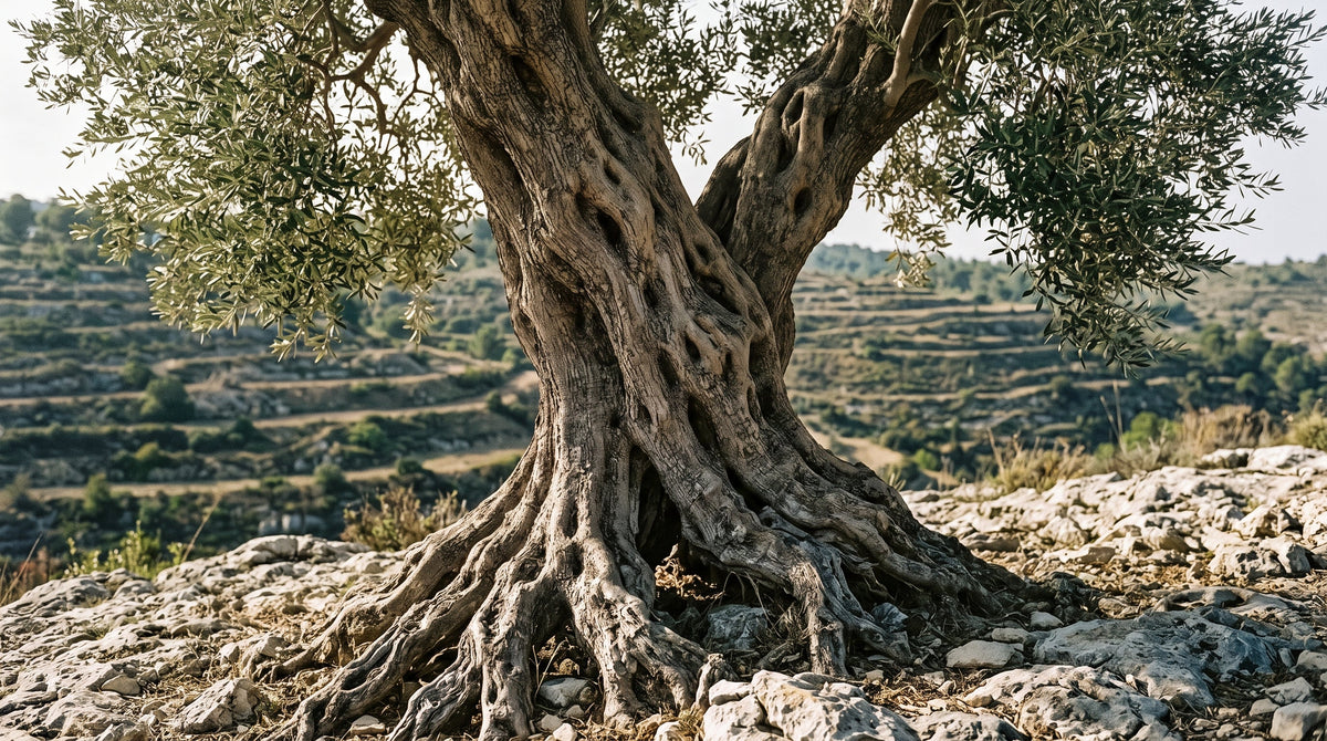Ancient generational olive tree in Palestine showing resilient root structure and agrarian sumud