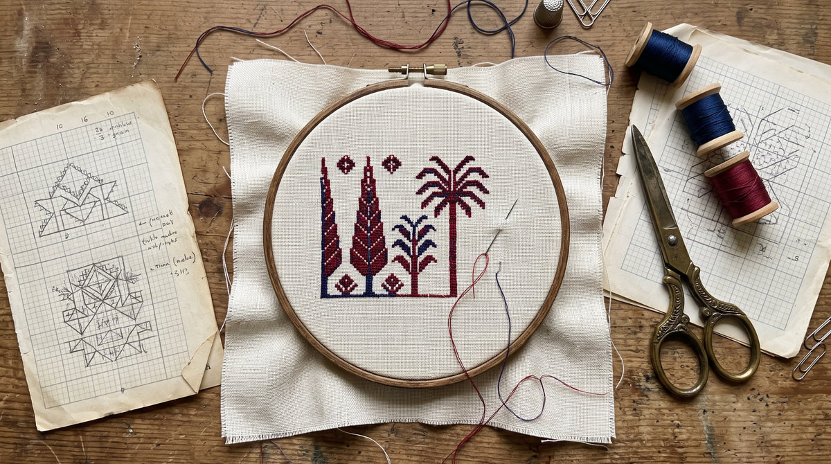 Archival documentation of traditional Palestinian tatreez embroidery patterns and regional map motifs