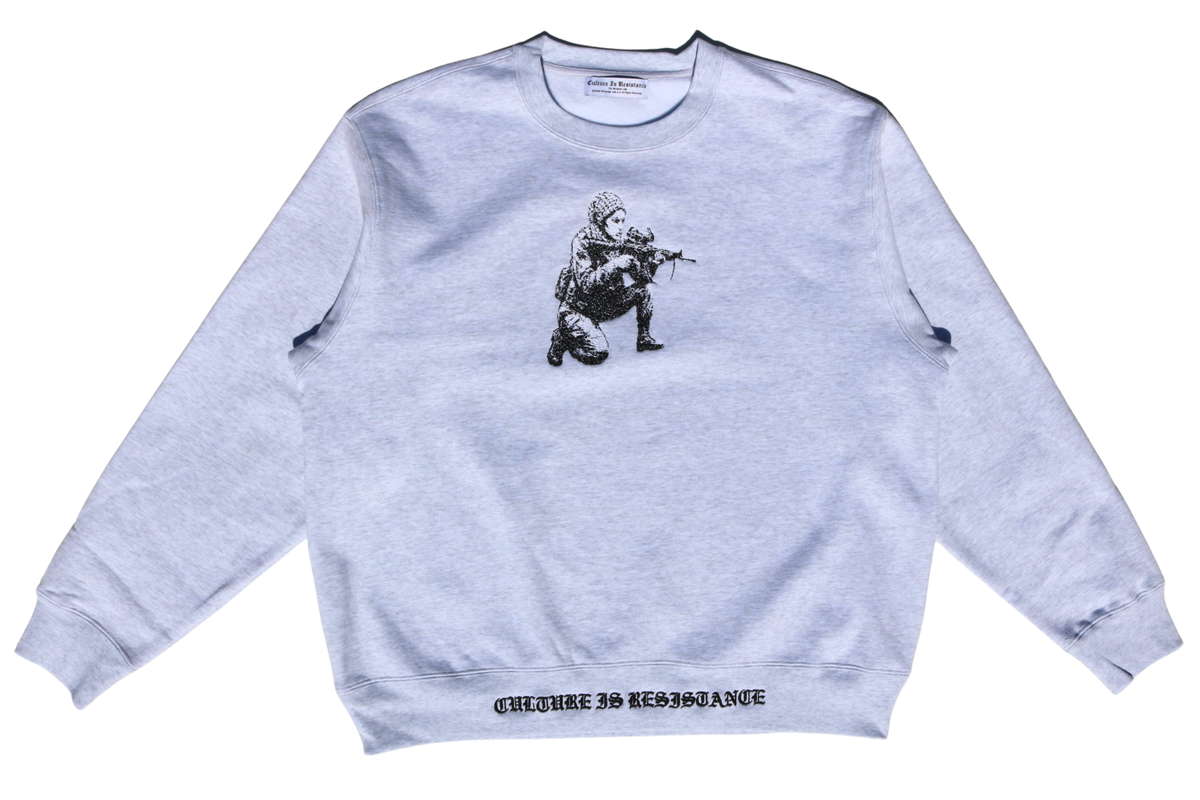 Culture is Resistance gray crewneck sweatshirt featuring detailed Freedom Fighter embroidery