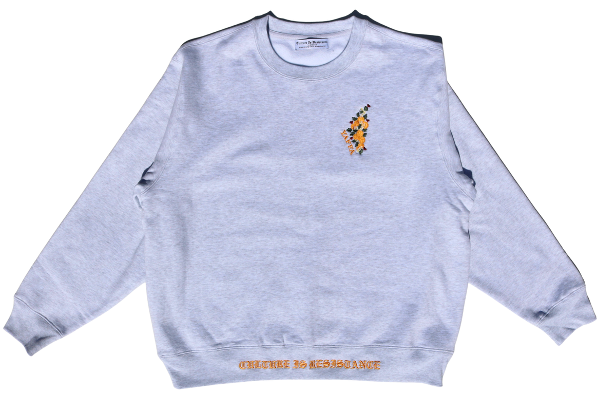 Culture is Resistance gray crewneck featuring detailed embroidered Yaffa citrus historical map