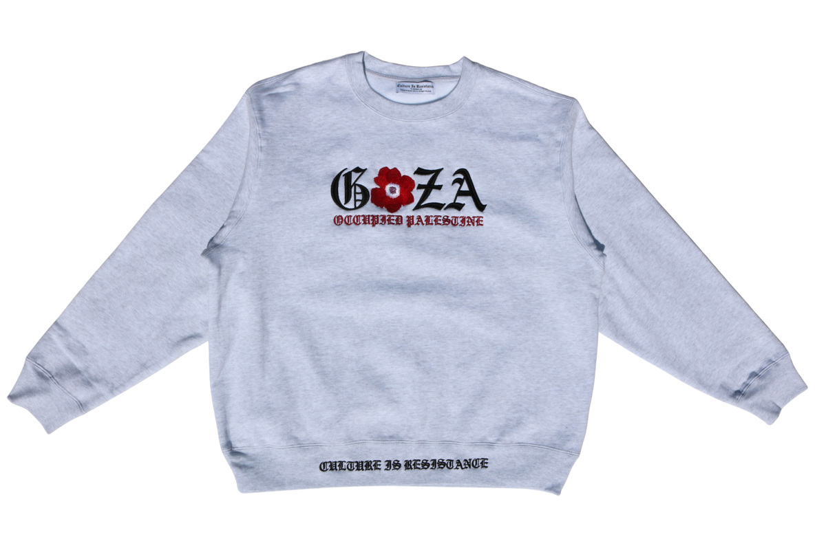 Culture is Resistance gray crewneck sweatshirt with high-density embroidered Gaza red poppy design