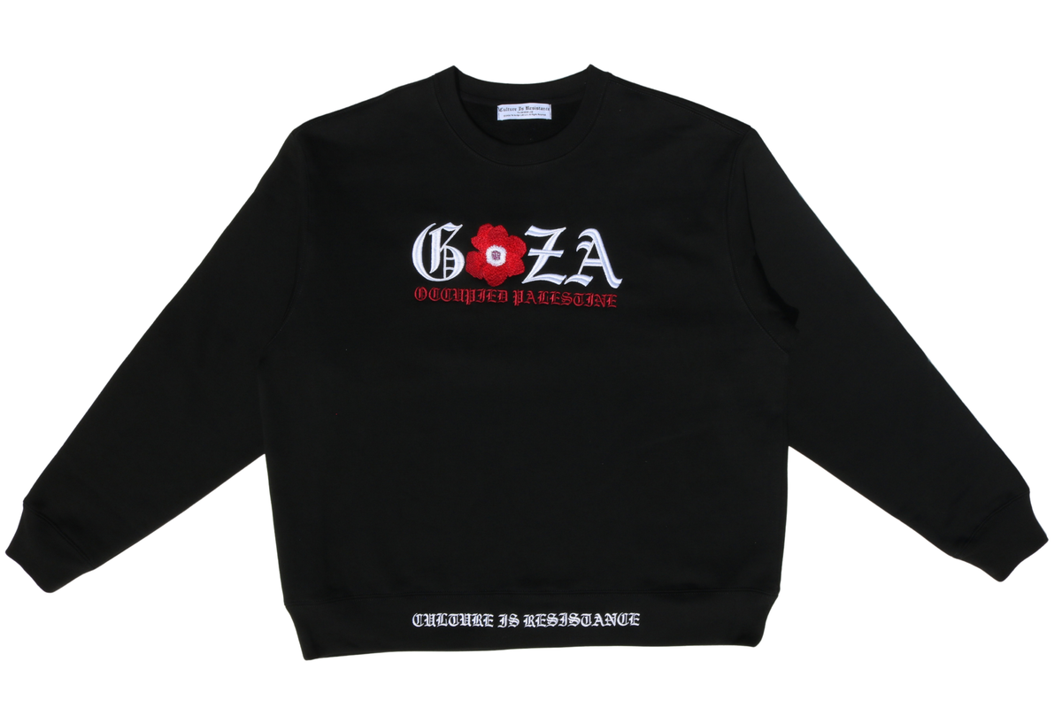 Culture is Resistance black crewneck sweatshirt with high-density embroidered Gaza red poppy design