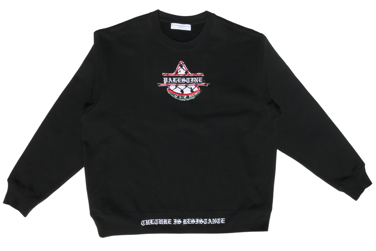 Culture is Resistance black crewneck featuring handcrafted repurposed kuffiya watermelon embroidery appliqué