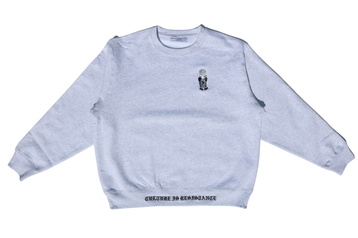 Culture is Resistance gray crewneck sweatshirt with embroidered kuffiya Handala motif