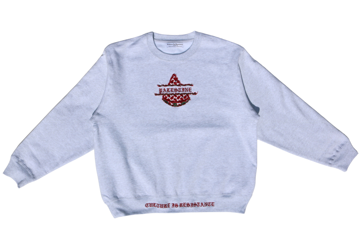 Culture is Resistance gray crewneck featuring handcrafted repurposed kuffiya watermelon embroidery appliqué