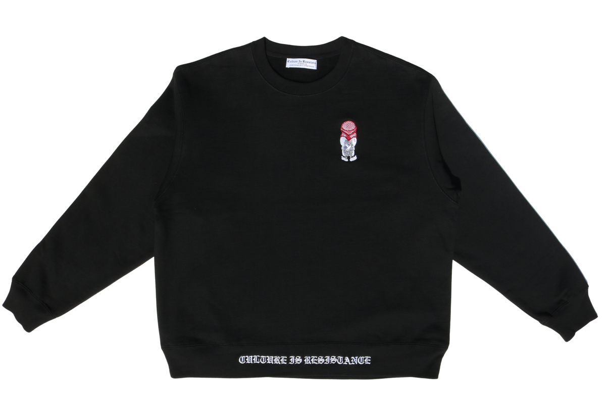 Culture is Resistance black crewneck sweatshirt with embroidered kuffiya Handala motif